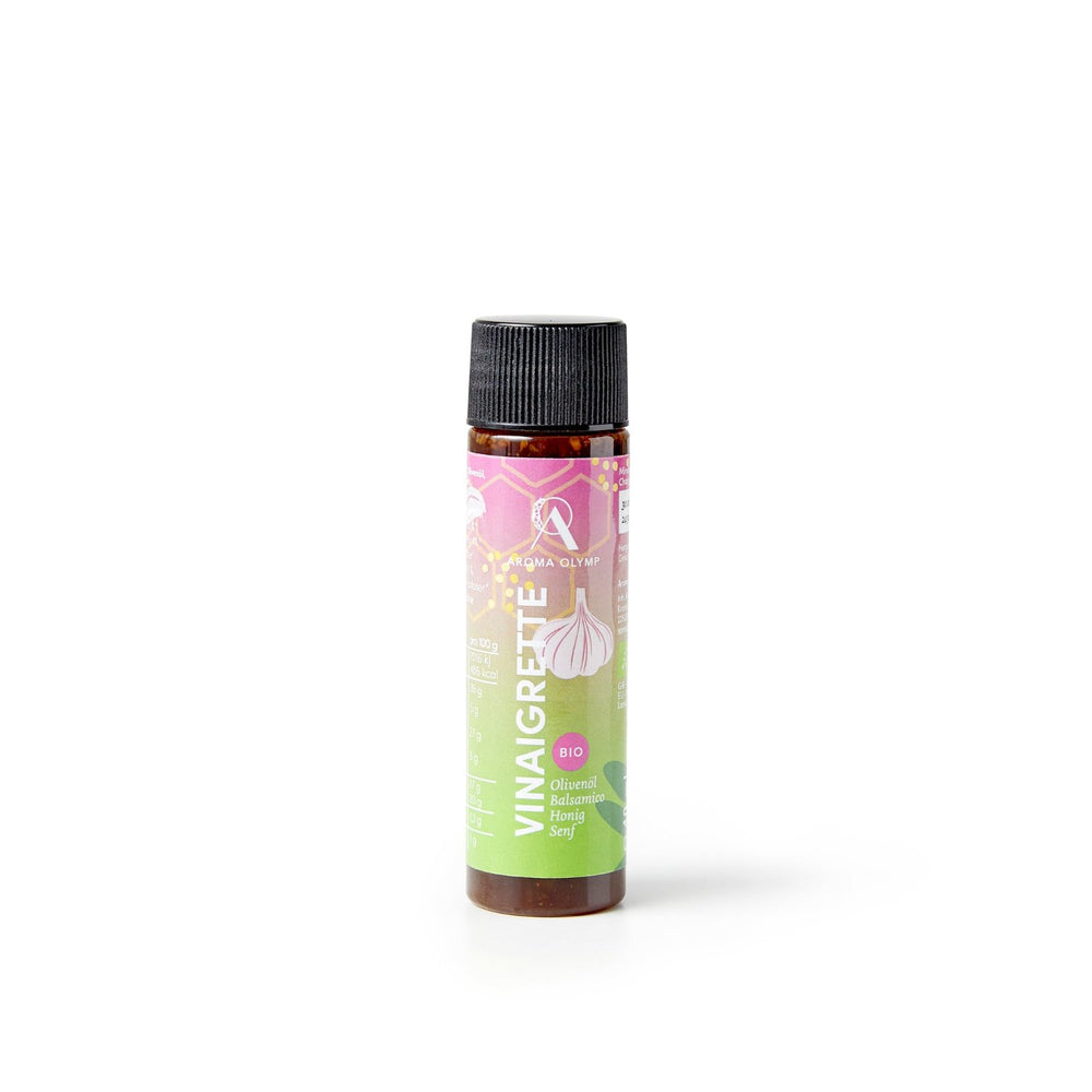 
                  
                    Aroma Olymp Bio Vinaigrette mit Olivenöl, Honig, Senf und Knoblauch in 40 ml Flasche. 
                  
                