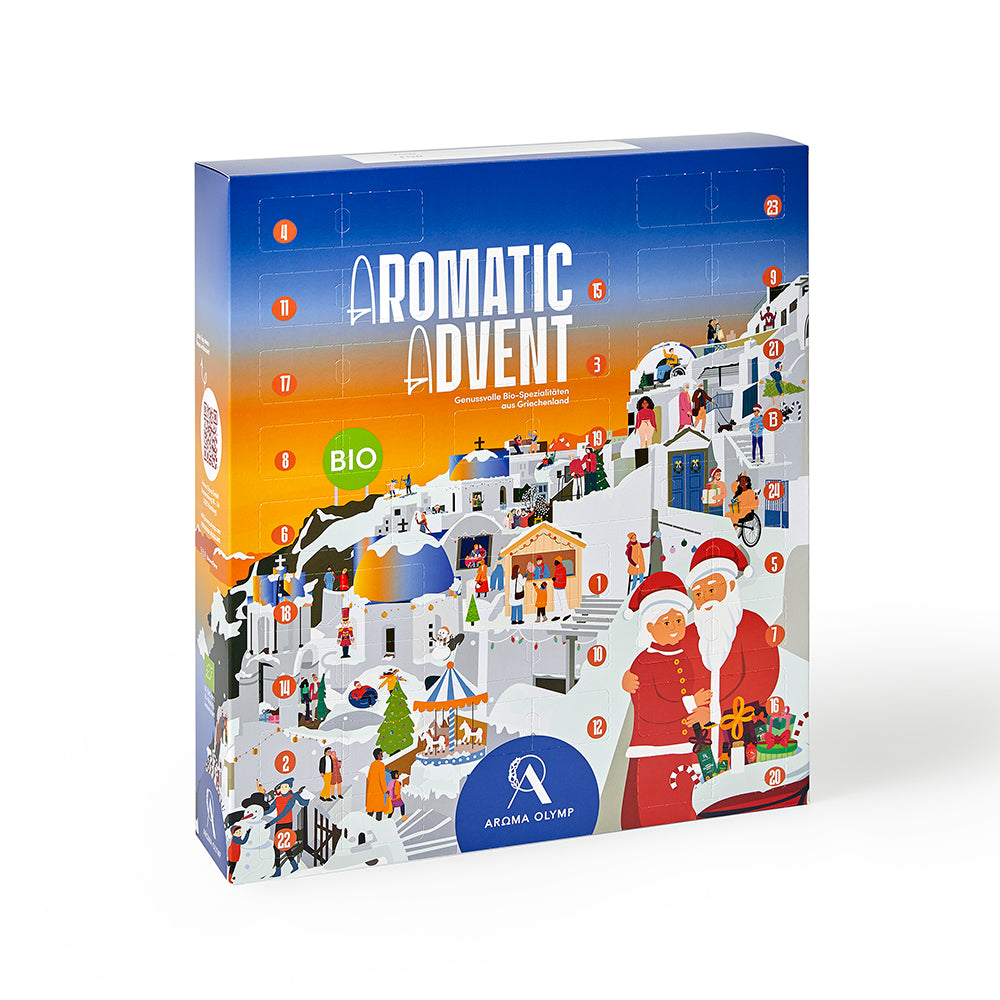 Aroma Olymp Bio Feinkost Adventskalender 2025 Klassik – Frontansicht