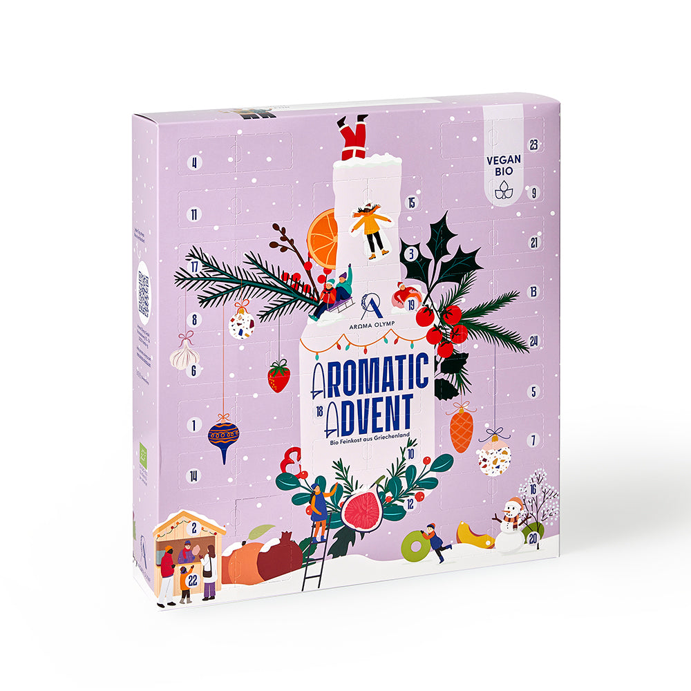 Aroma Olymp Veganer Bio Feinkost Adventskalender 2025 – Frontansicht