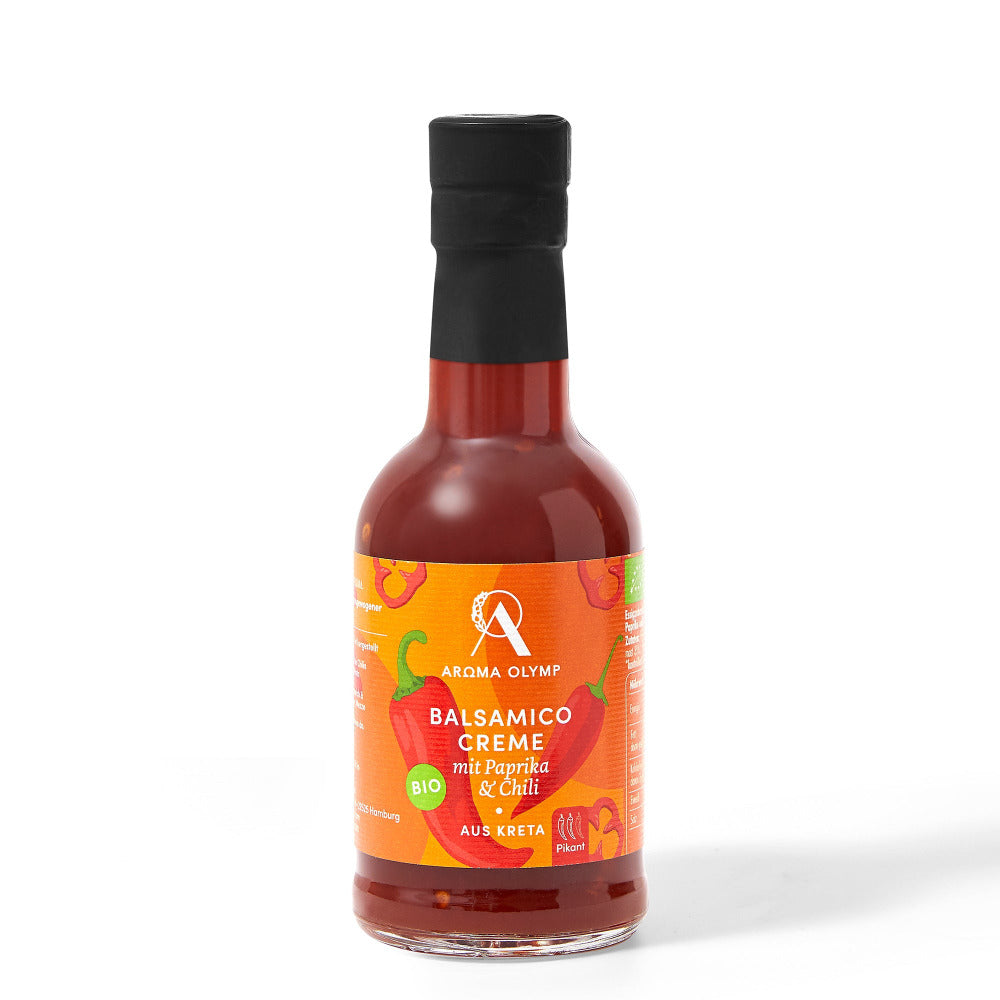 Aroma Olymp Bio Balsamico Creme mit Paprika & Chili als Freisteller.