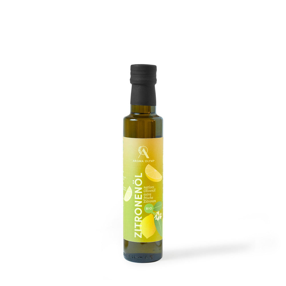 Aroma Olymp aromatisiertes Bio Olivenöl mit  Zitrone als Freistellerfoto.