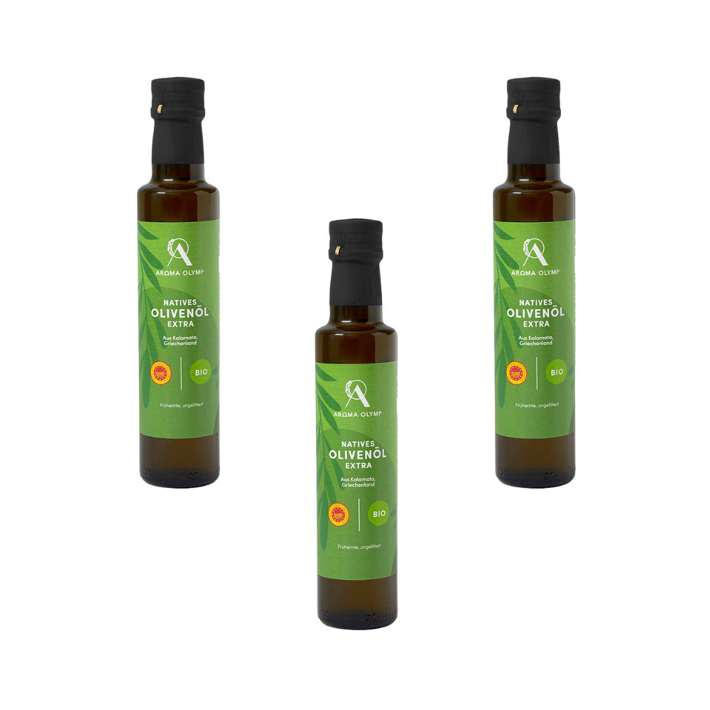 
                  
                    Aroma Olymp Bio Olivenöl nativ extra aus Kalamata g. U. 250 ml  im 3er Bundle als Freisteller
                  
                