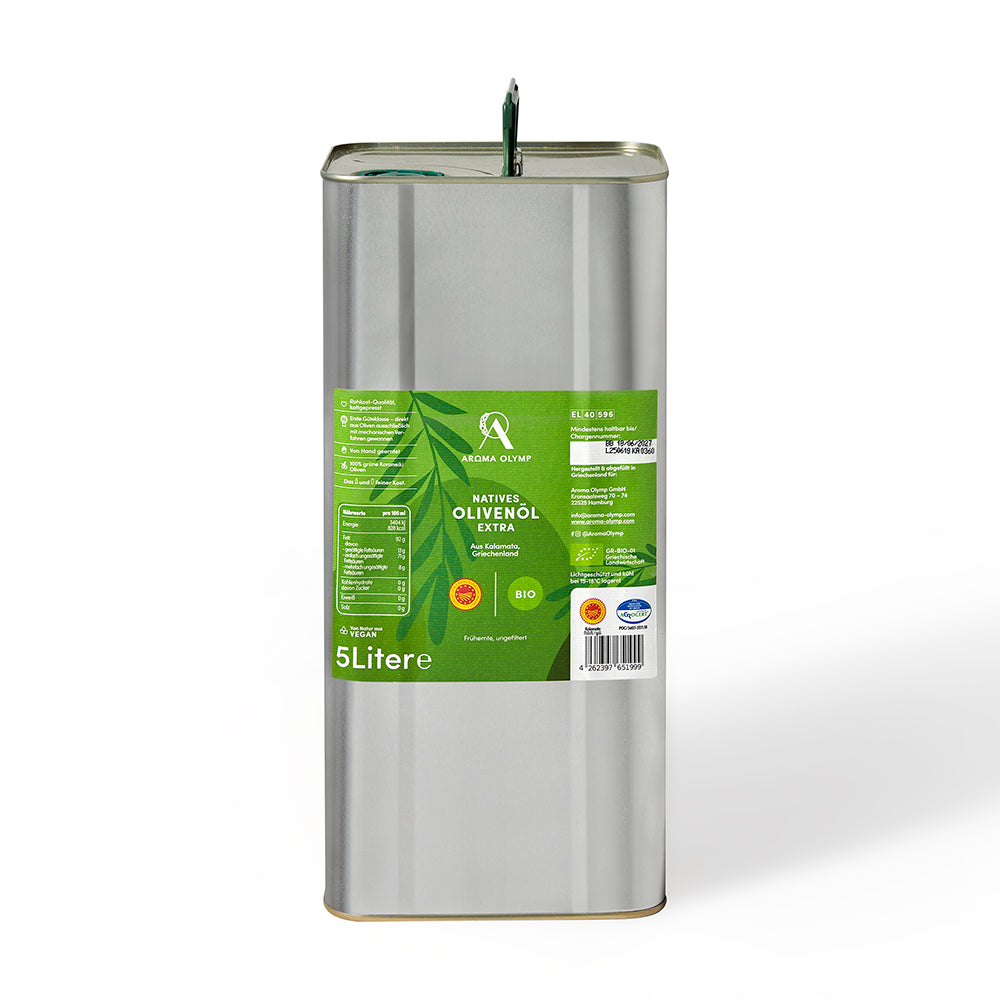 
                  
                    Aroma Olymp Bio Olivenöl nativ extra aus Kalamata g. U. 5 l Kanister – ungefiltert, Freisteller
                  
                